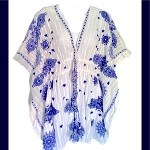 Ramy Brook New York Embroidered Swim Cover Up -XS/S white /blue embroidered,